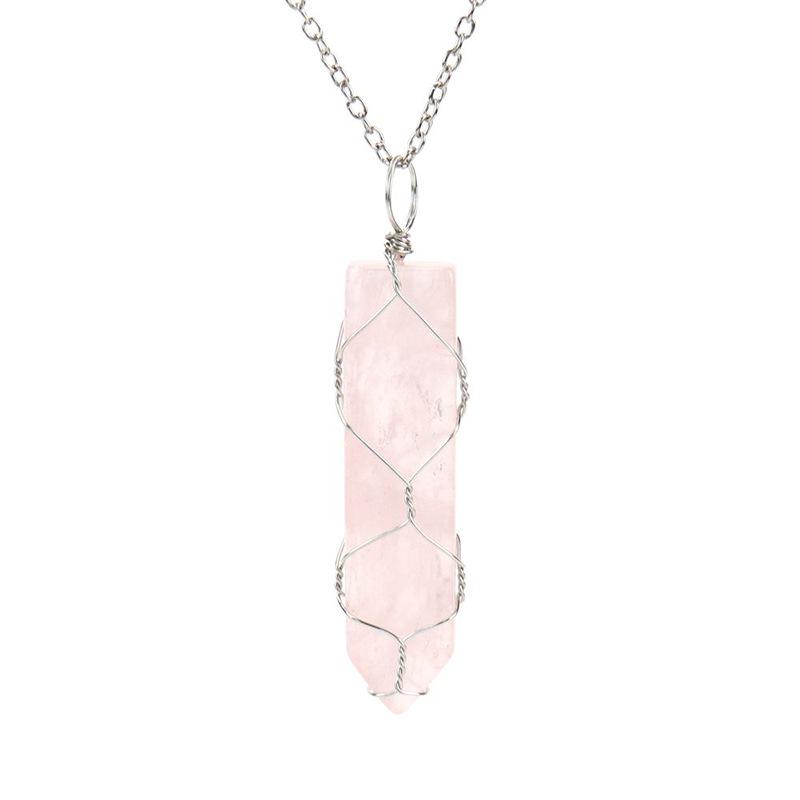 

Hand-Wrapped Natural Crystal Amethyst Agate Sword-Shaped Mesh Pocket Pendant Necklace N506 рожевий кварц кольору