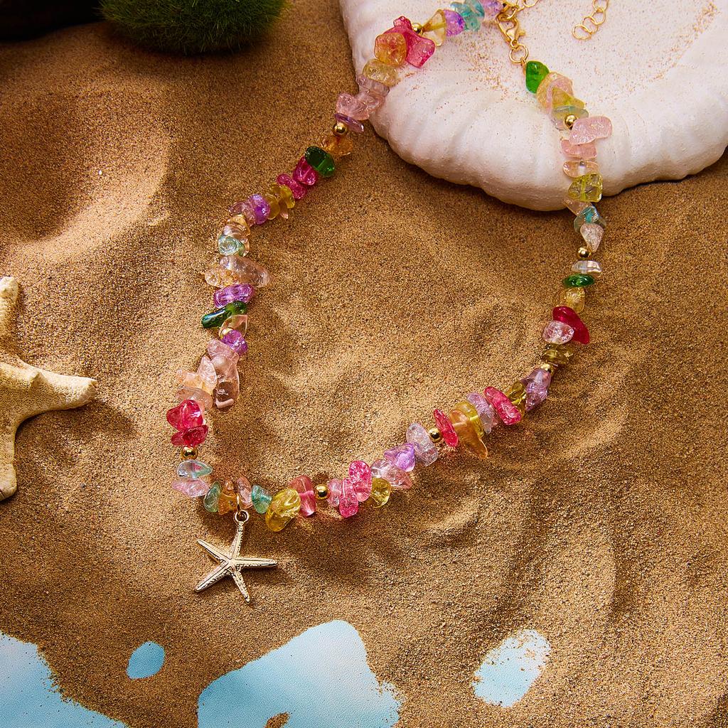Bohemian Colorful Natural Crushed Stone Choker for Women Creative Crystal Beaded Starfish Pendant Necklace Beach Jewelry Gift