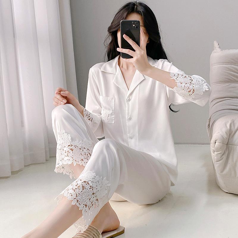 Ice silk pajamas women's 1011 spring and summer new long-sleeved silk satin light luxury high-end thin loungewear set