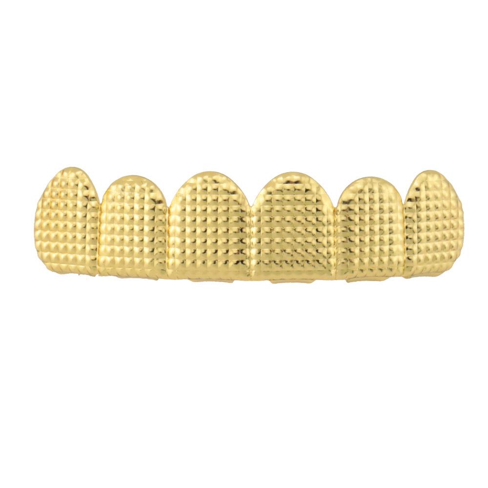 HIOHOP Lattice Pattern 18K Gold Plated Hip Hop Grillz - Top & Bottom Six Teeth Fashion Accessory.