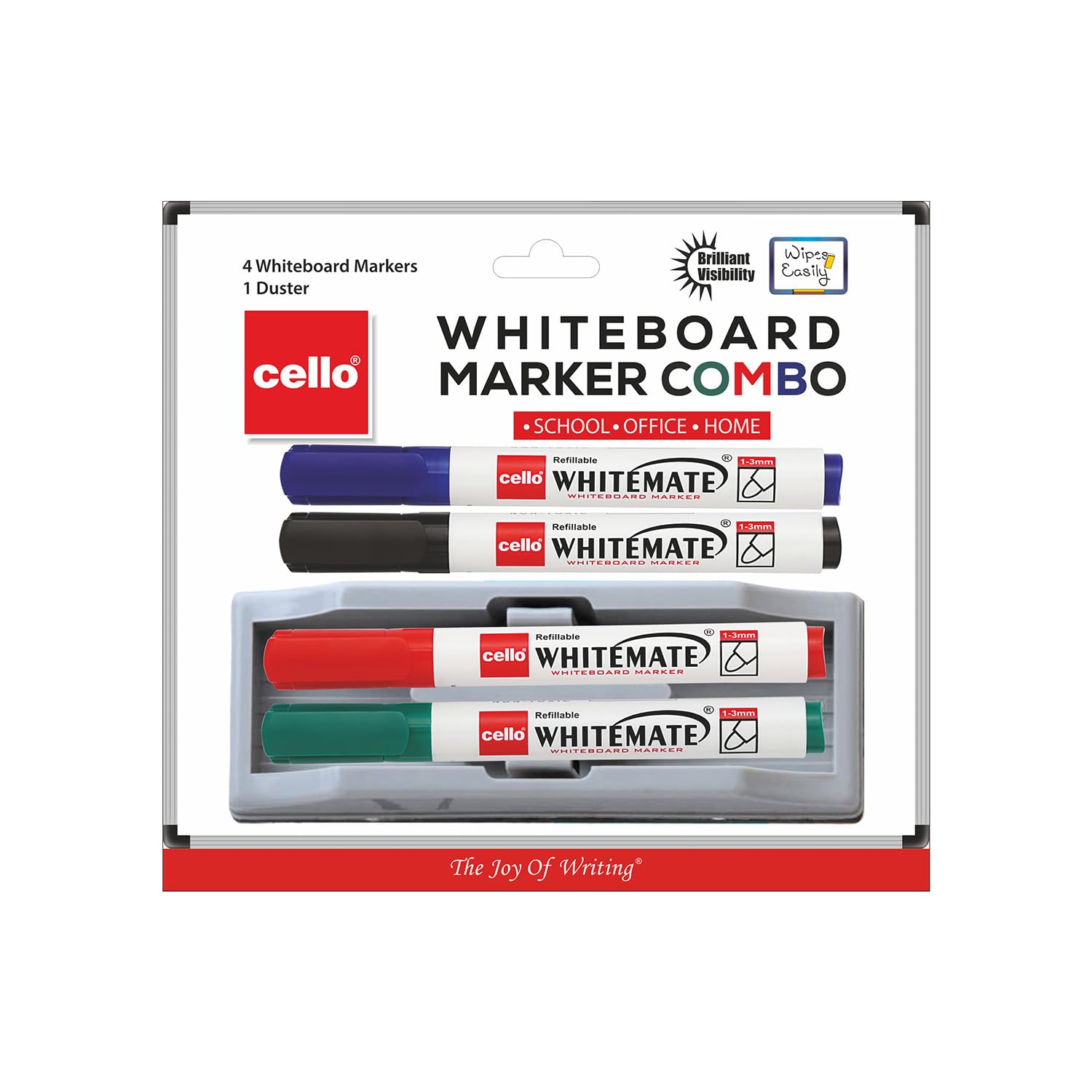 

Cello Whitemate Whiteboard Markers Set of 1 X 4 Marker Pens with Duster | Assorted Colors | Bold Tip, Refillable & Erasable | OfficE Use