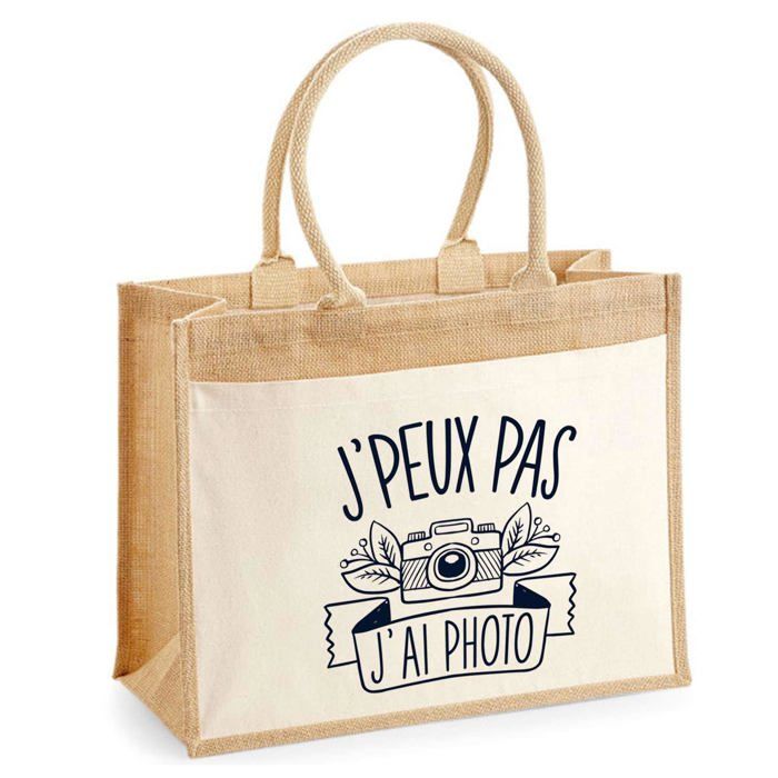 Sac de plage - PLANETEE - Jute avec poche Photo "J'peux pas" - Coton - 43x33 cm - Bandoulière
