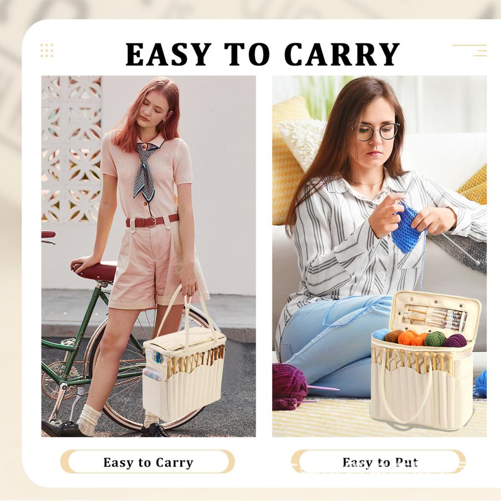 Personalized Canvas Knitting Bag with Leather Name Patch Multiple Pockets Yarn Organizer with Yarn Feed Holes Large Crochet Project Tote for Mom