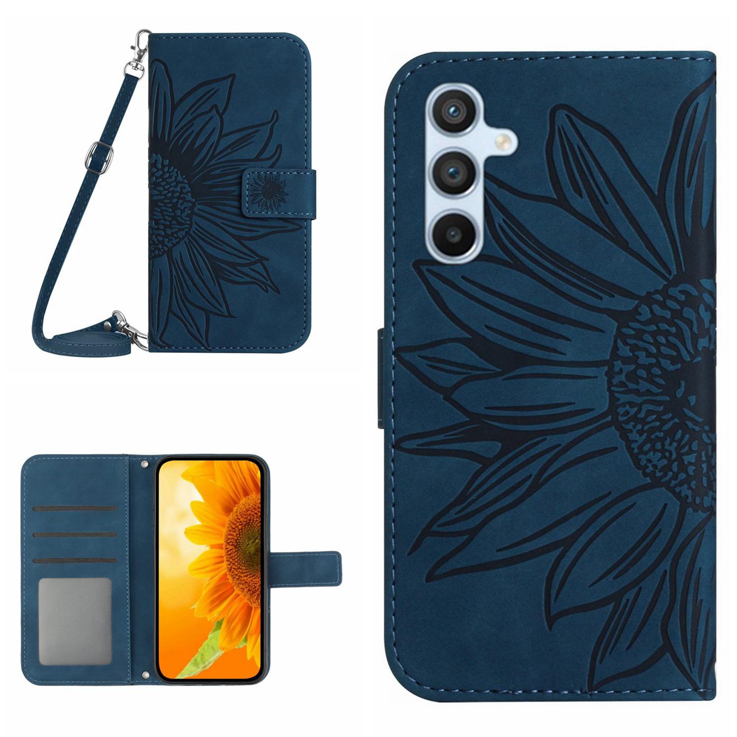 

HT04 For Samsung Galaxy A16 5G/A16 4G Case Sunflower Imprint PU Leather Phone Cover with Long Strap Dark Blue