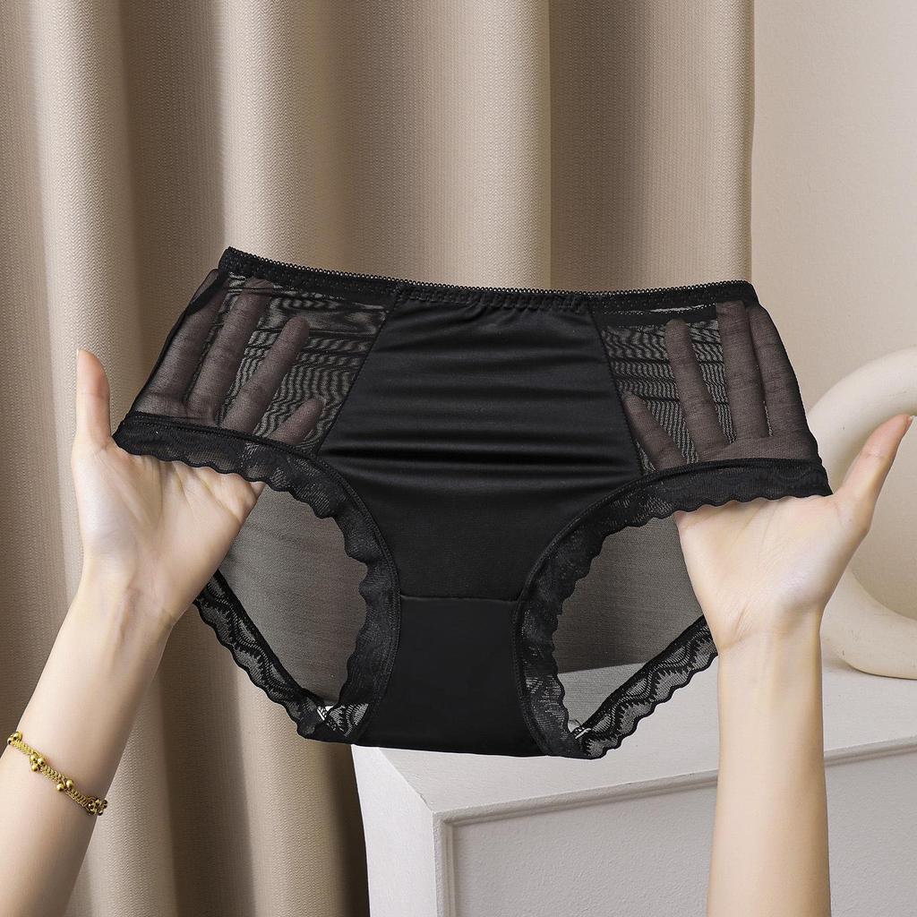 Women's Mid-Waist Ice Silk Lace Underwear - Summer Mesh Satin, Sexy Solid Color with Cotton Crotch