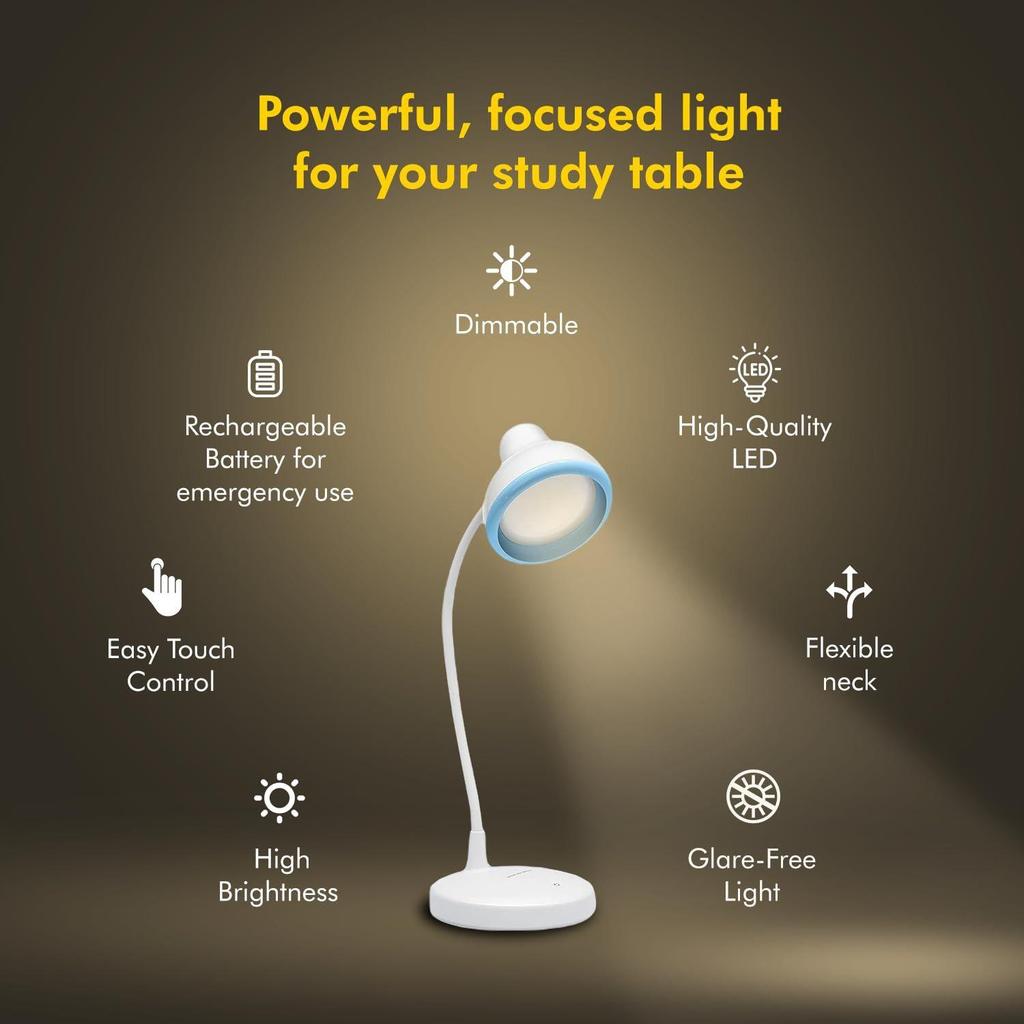 LED Table Lamp, Round and Flexible Design with 3 Grade Dimming, 6W Desk Lamp for Study with Adjustable Neck, White, ABS, Pack of 1