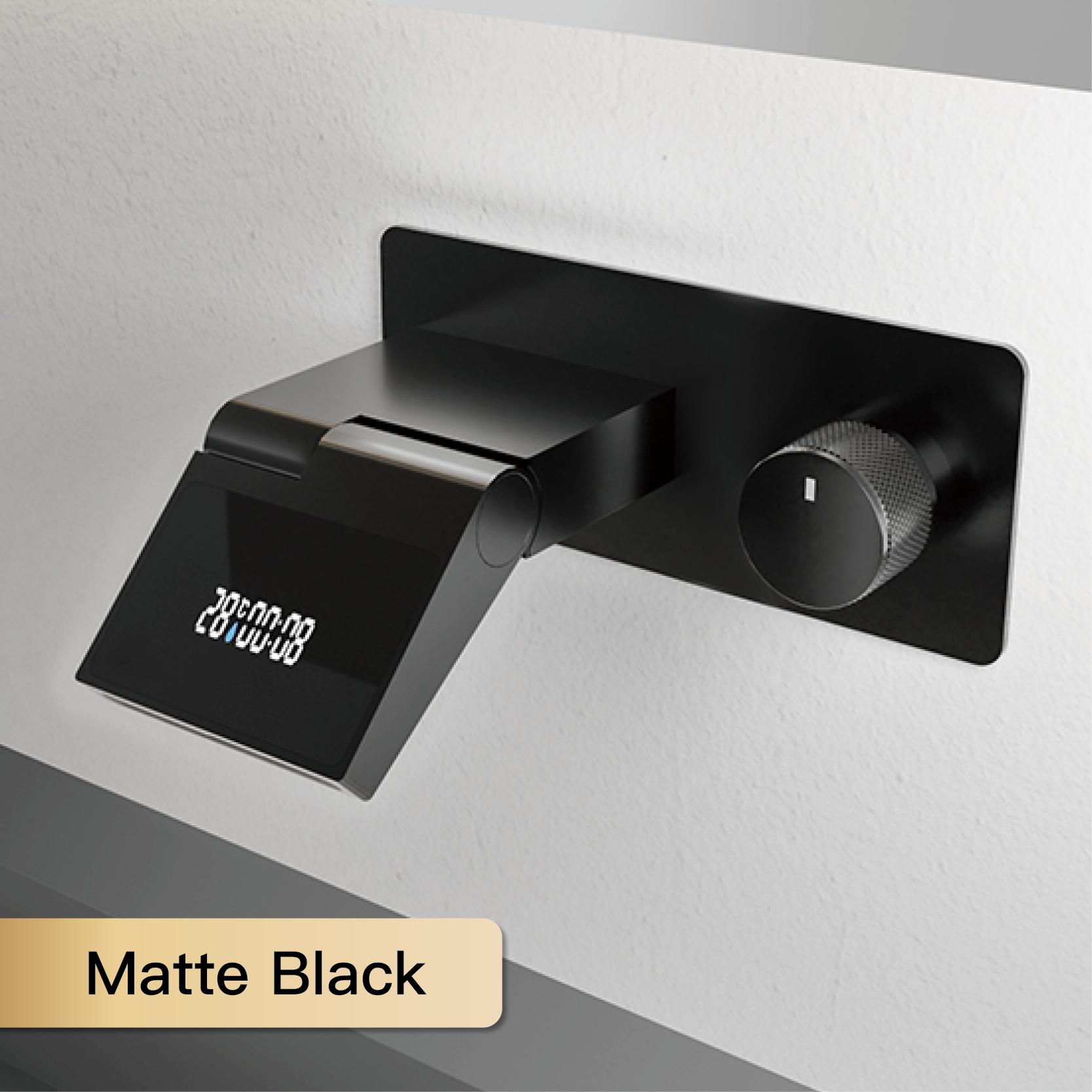 

Gun gray brass luxury bathroom faucet with wall mounted design, dual hole hot and cold water LED digital display basin MIxer Matte Black 02