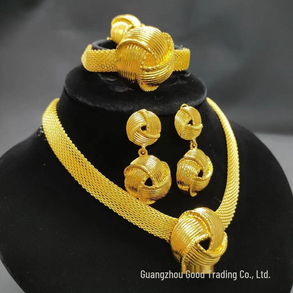 24K Gold-Plated Bridal Jewelry Set: Necklace, Earrings, Ring & Bracelet for Middle Eastern, Indian, and Nigerian Weddings.