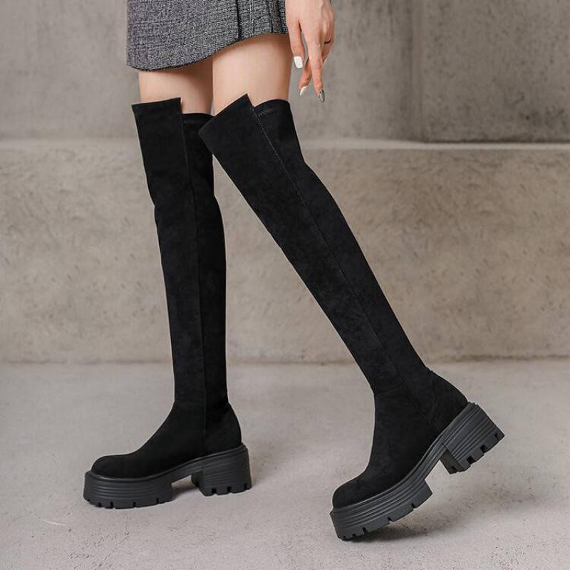 Herbst- und Winter-Wildleder-Stretch-Kniestiefel, neue hochhackige, dicksohlige, rutschfeste Damenstiefel mit runder Spitze, koreanische Version in großen Größen Marti