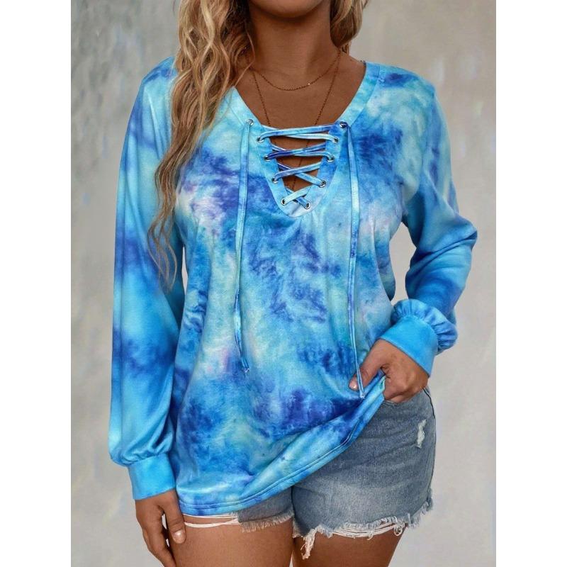 Plus Size Women s Tie Dye Lace Up Long Sleeve Top V Neck Lantern Sleeve Casual Loose Blouse 1XL синий