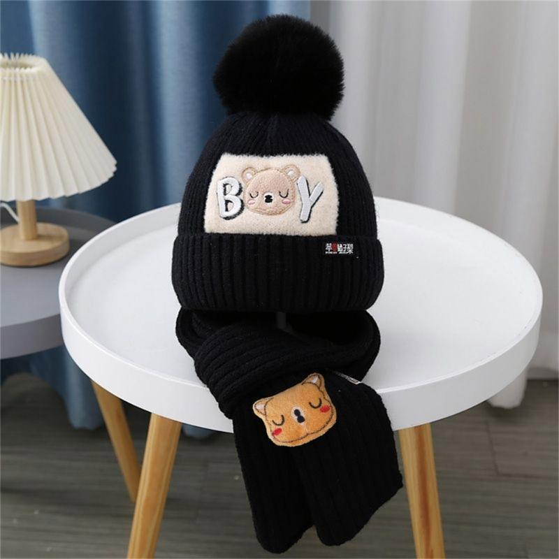 Cappello e Sciarpa Caldi Invernali Cappello e Sciarpa per Bambini Cappello-Sciarpa Ispessito Cappello Berretto Elastico con Pompon per Bambini 1-6 Anni