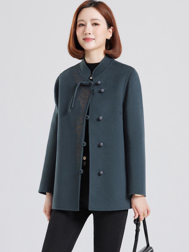 Damen Doppelseitiger Kaschmir-Wollmantel - Bestickt, Modische Kurze Jacke für Mittleren Alters & Ältere (Herbst Winter)