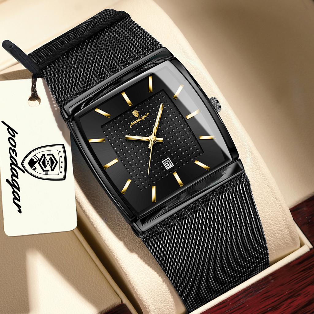 POEDAGAR Luxury Casual Men Clock Stainless Steel Mesh Date Waterproof Luminous Wristwatch Quartz Fashion Watches