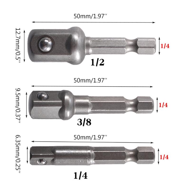 3 Pcs 1/4 3/8 1/2 Bit Drive Socket Adapter 360° Rotatable for Cordless Drill Ratchet Extension Socket Wrench Adapter Set