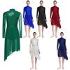 Womens Sparkly Sequins Dance Dress Mock Neck Long Sleeve Irregular Hem Stage Performance Gown