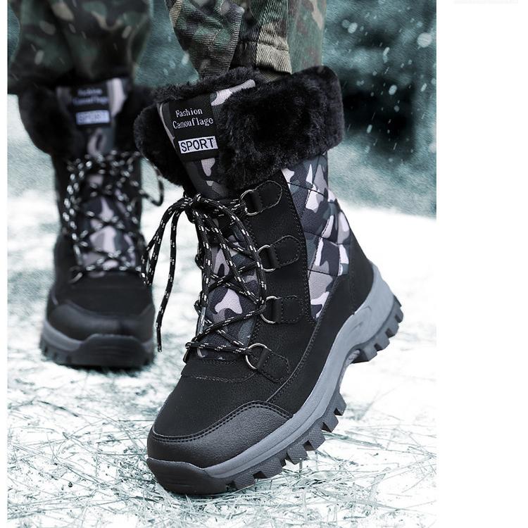 Damen Winterstiefeletten mit Camouflage-Muster, lässig, PU-Canvas, zum Schnüren, warme Baumwollschuhe für den Außenbereich, große hohe Stiefel, dicke rutschfeste Schuhe