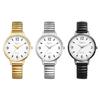 Women's waterproof and rainproof wristwatch with a round dial, large white dial, gold case, gold strap, and stainless steel quartz movement. A