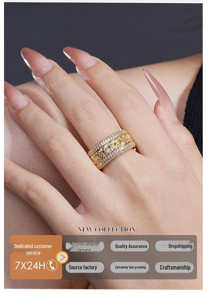 European Hip Hop Sterling Silver Men's Moissanite Rotatable Ring, Gold-Plated Trendsetter Fashion.
