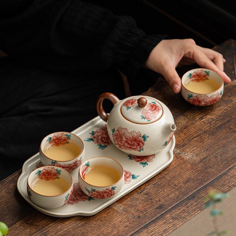 Peony Flower Xishi Handle Ceramic Teapot – Retro Anti-Scald Kung Fu Tea Set