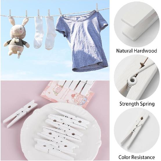 50Pcs White Wooden Clothesp, 2.9 inch Clothes P for Crafts, Natural Laundry Hanging Clips, DIY Cheer Pin