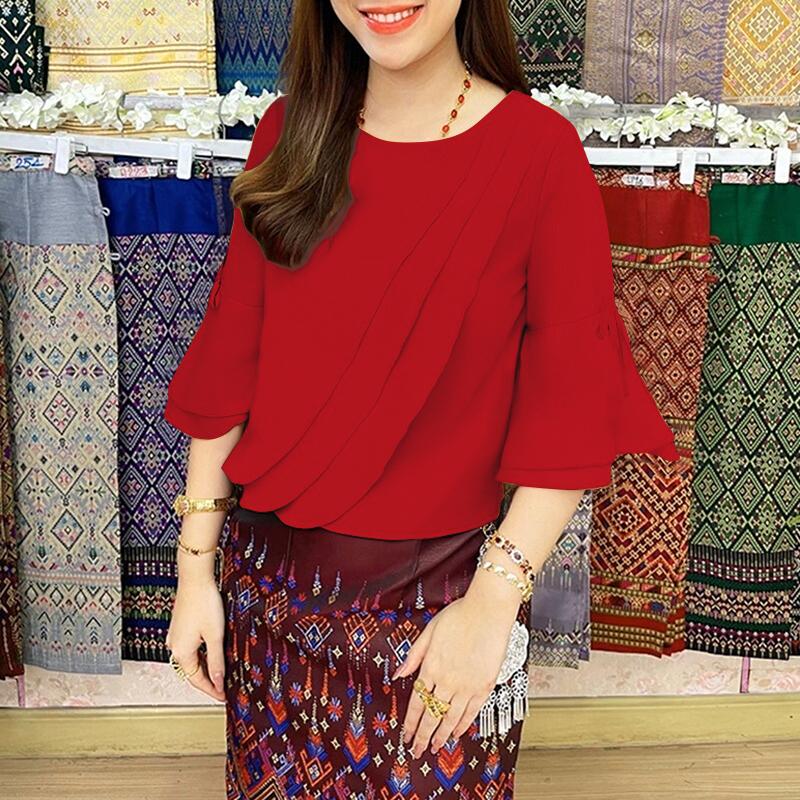 

ZANZEA Женская повседневная блузка с круглым вырезом, рукавами 3/4 и расклешенным низом, свободного кроя 5XL красный