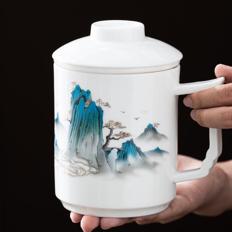 Ceramic Household Filter Tea Separation Mug with Lid Chinese Style Tea Infuser Office Large Capacity Water Mug Teacup Gift Box