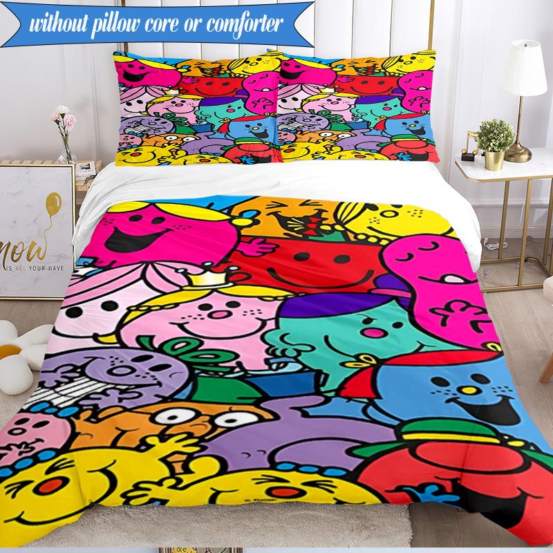 3PCS Mr Man Colorful Creatures Bedding Set 2D Printing (Includes 1 Duvet Cover + 2 Pillowcases Coreless), Bedroom decor,Fan gift