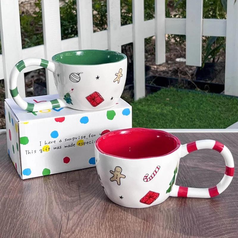 350ML Christmas Coffee Mug Hand Pinched Ceramic Cup Winter Afternoon Tea Milk Cup Xmas Gift Irregular Large Handle Water Cup