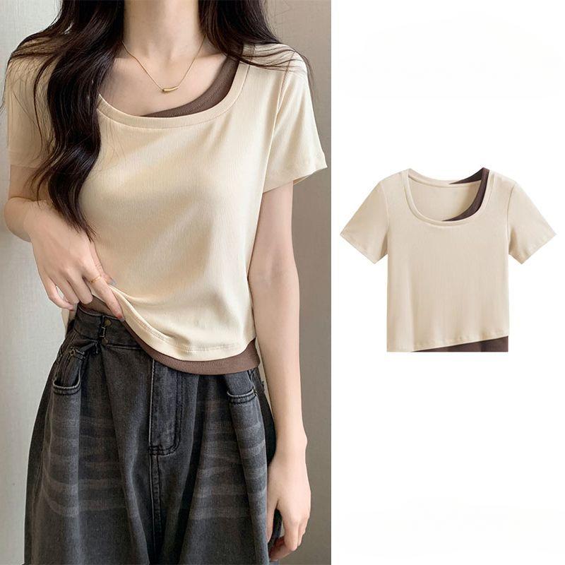 WTEMPO Brand Short-sleeved T-shirt Women's Summer Fake Two Niche with Design Sense of The Niche Sexy Slim Short Tops