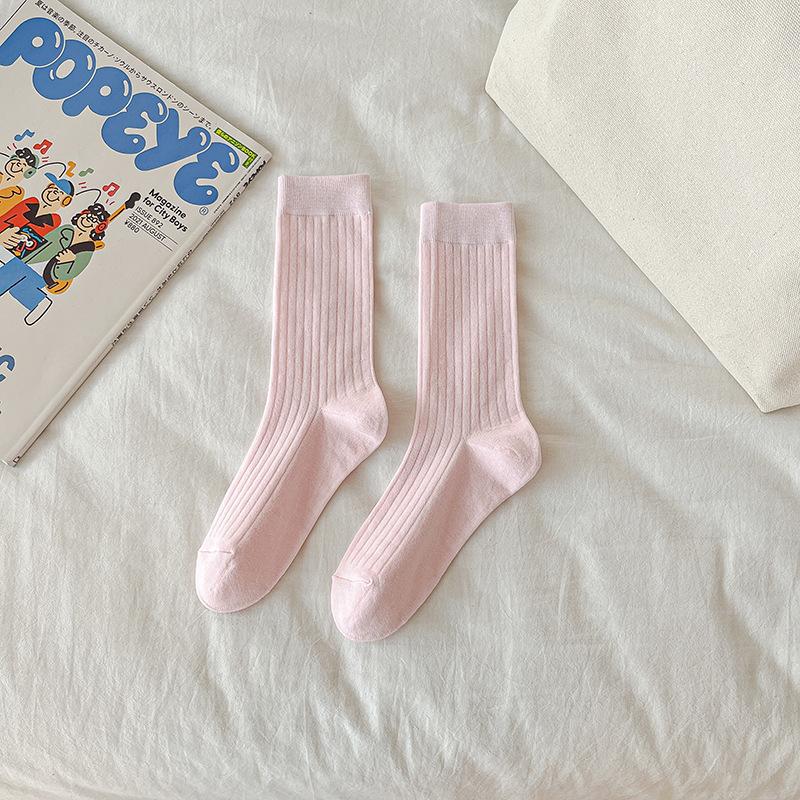 Female Summer Thin Simple Pure Color All Build Vertical Bar Wicking High Tube Cotton Socks
