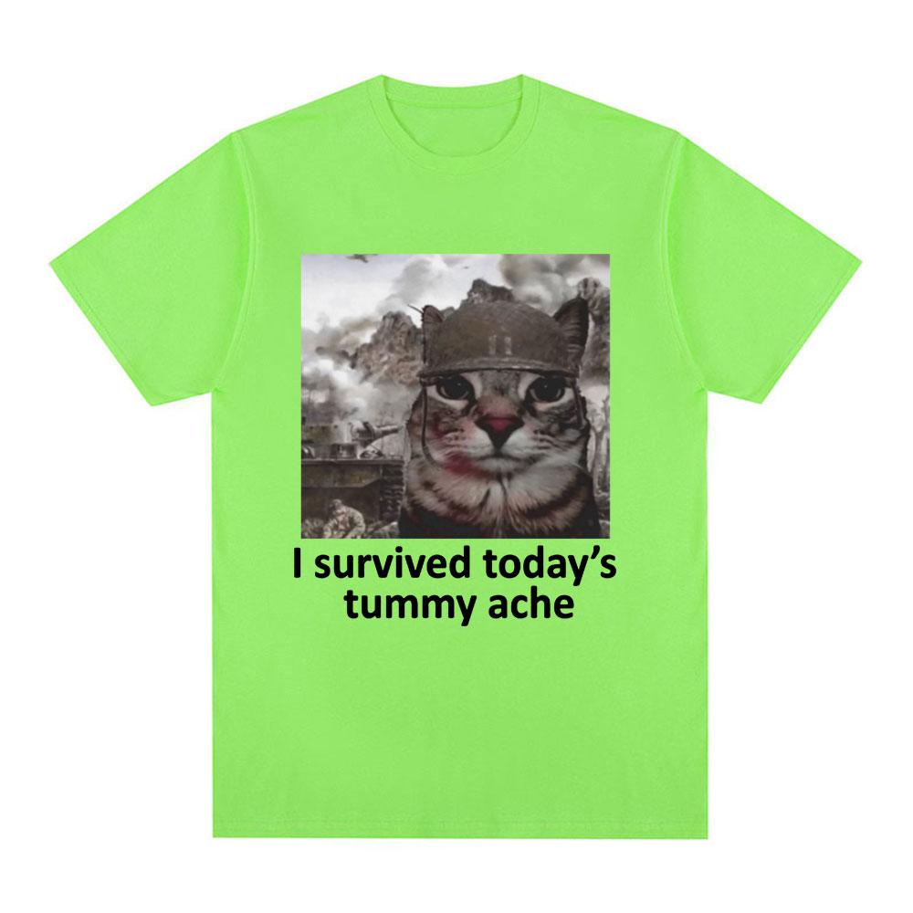 I Survived Today's Tummy Ache T-Shirt Funny Cat Meme Short Sleeve T Shirt Men Women Cotton Casual Oversized T Shirts Streetwear
