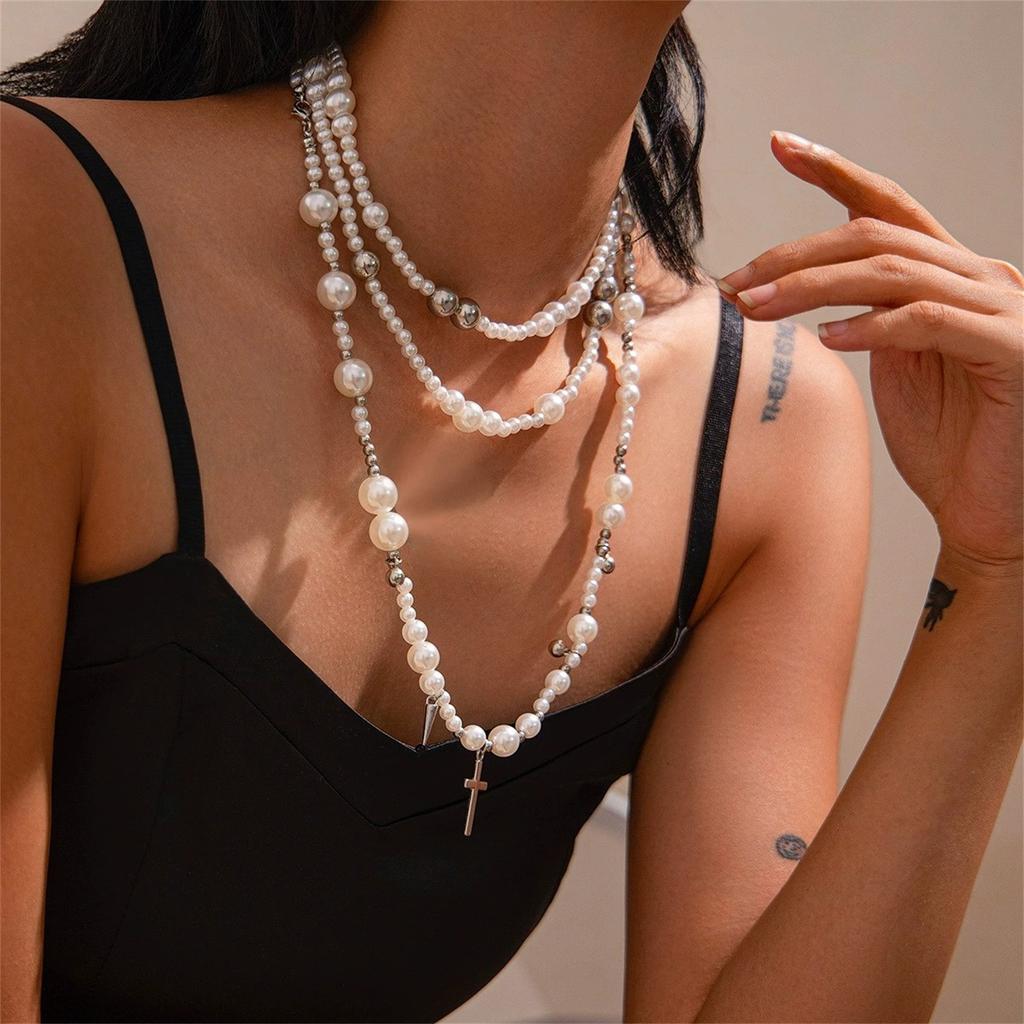 Goth Pearl Cross Necklaces for Women,Retro  Crystal Crucifix Pendant Choker Necklace,Chunky Pearl Beaded Stackable Necklaces Baptism Gifts