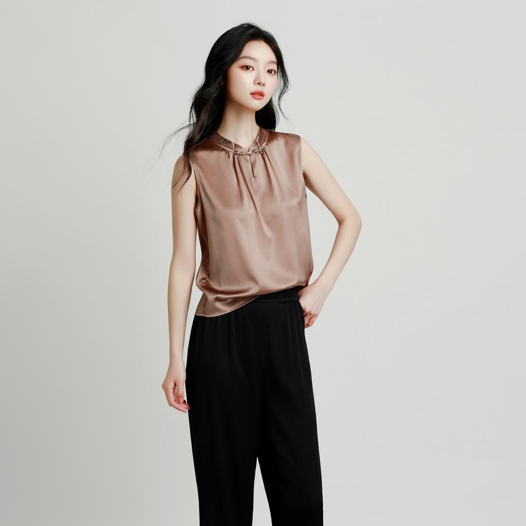 [New Chinese Style Pankou] New 92 Mulberry Silk Elegant Wrinkled Tank Top Women's Versatile Mulberry Silk Shirt T-shirt