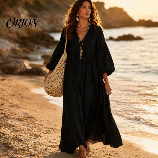 Comfortable Women Dress Women's Deep V Neck Maxi Dress, Puff 3/4 Sleeve Elegant Casual A-Line Flowy Loose Boho Beach Sundress Versatile