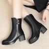 Autumn and Winter New Real Soft Leather Medium Boots Medium Heel Martin Boots Versatile Fashion Women's Boots High Heel Mother Shoes Boots Cotton Boo