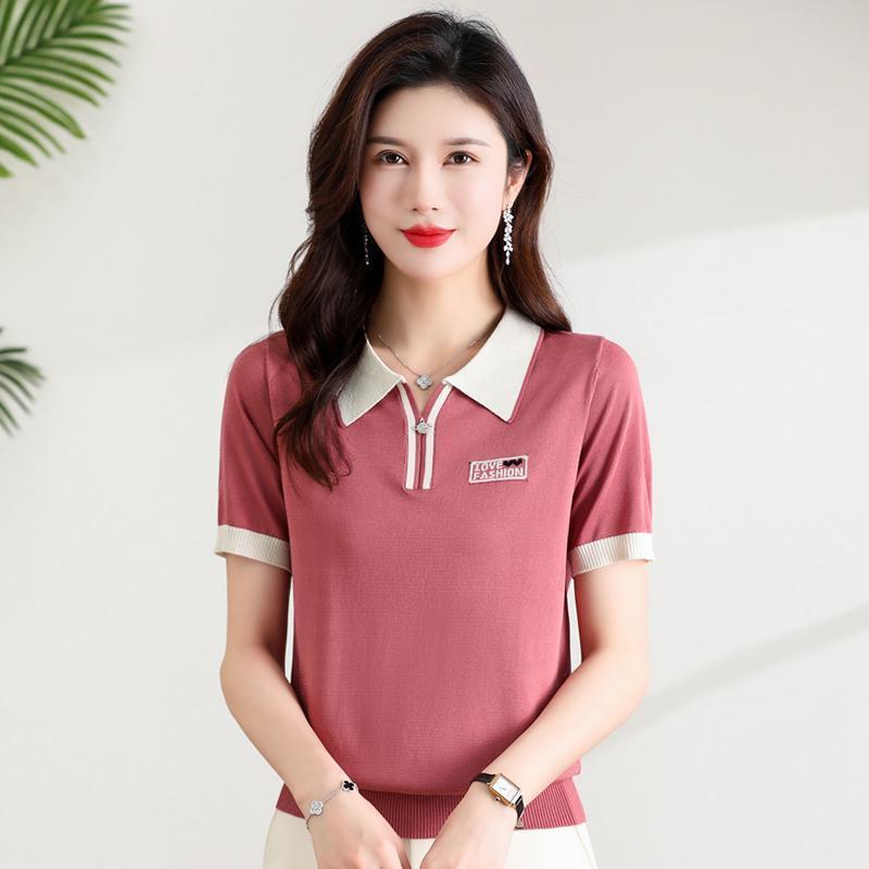 Fashionable Polo Collar Middle-aged Elderly Women's Loose Knitwear Thin Casual Short-sleeved T-shirt