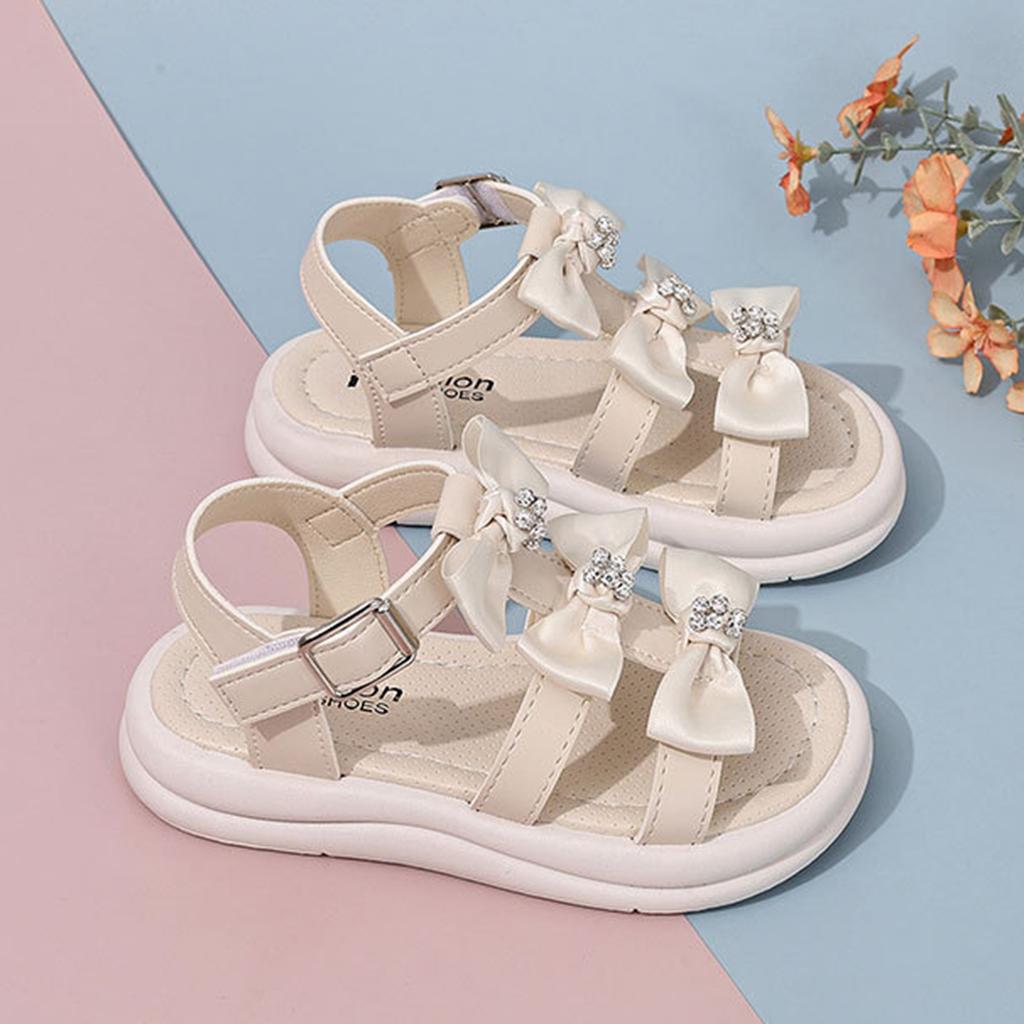 Girls Open Toe Sandals Summer Bowknot Design Adjustable Buckle Strap Comfortable Sole Lightweight Beach Shoes for Kids