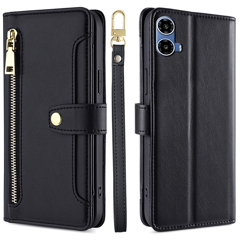 For Motorola Moto G45 5G/G34 5G Leather Case with Shoulder Strap Zipper Wallet Phone Cover