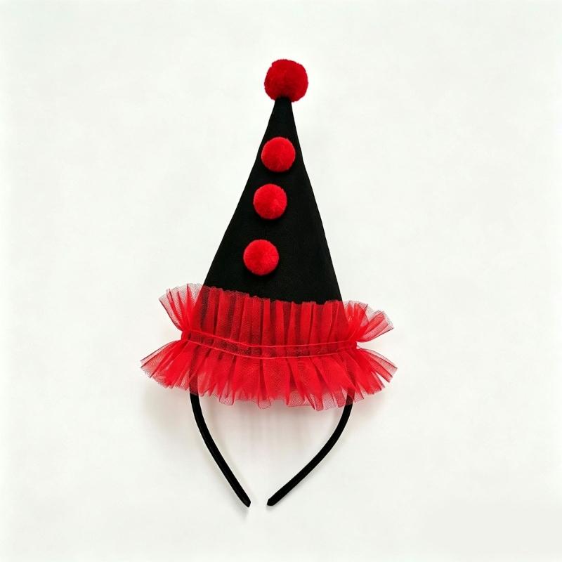 Upright Mini Party Clown Hat Accessory with Preassembled Headband for Quick Party and Costume Outfit Finishing and Styling