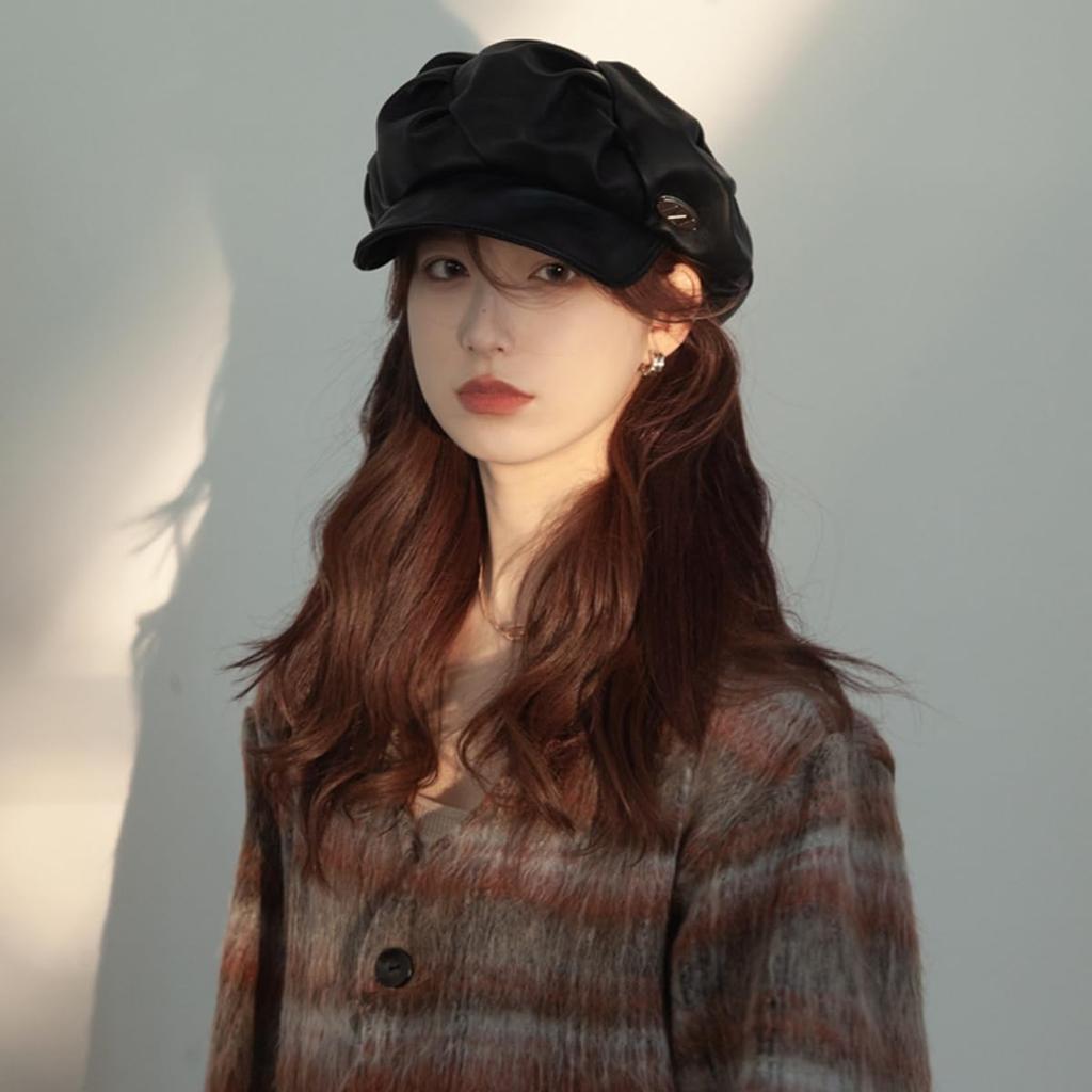 PU Leather with UV Slimming [Qzkouma] Women's Casquette, Hat, Autumn/Winter Cap, Brim, Protection, Effect, Stylish, PYUB-170 (Black)