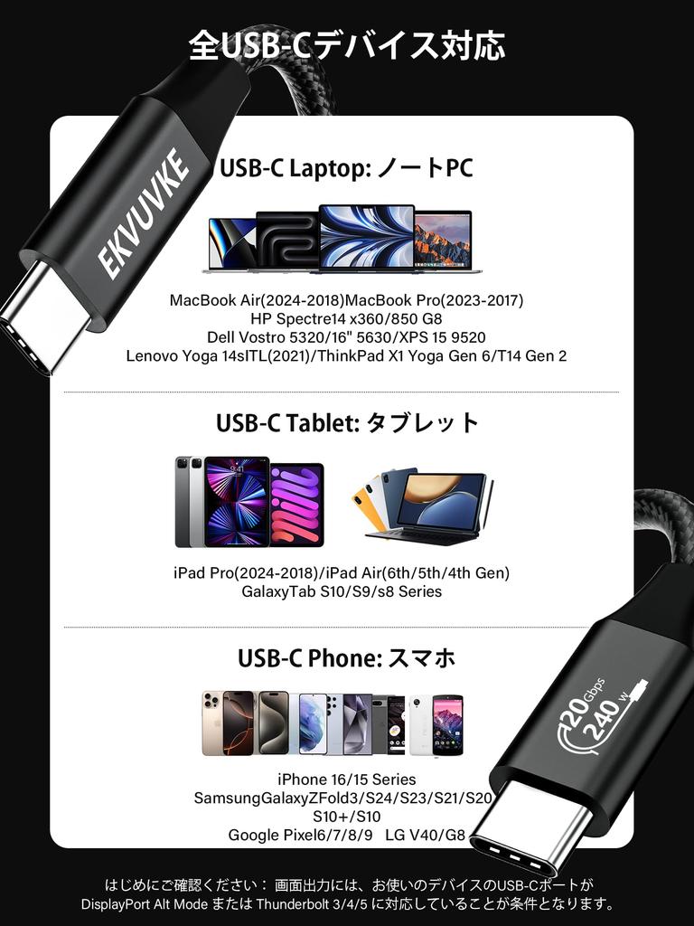 3M USB C To C USB Gen 20Gbps Data Thunderbolt 4K Video Durable Nylon Braided Type C Cable for iPhone Pro MacBook iPad Galaxy and Laptops Cable, 240W,