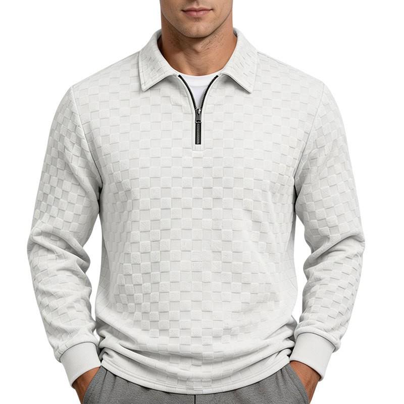 Mens Hoodie Fall Winter Zip Checkered Jacquard Polo Shirt Loose Fit Heavyweight Casual Top