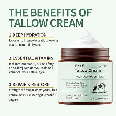 Beef Tallow & Honey Balm Cream 120g | Deep Moisturizing Face & Body Balm | Skin-Friendly Organic Skincare Formula for Dry, Rough & Dehydrated Skin