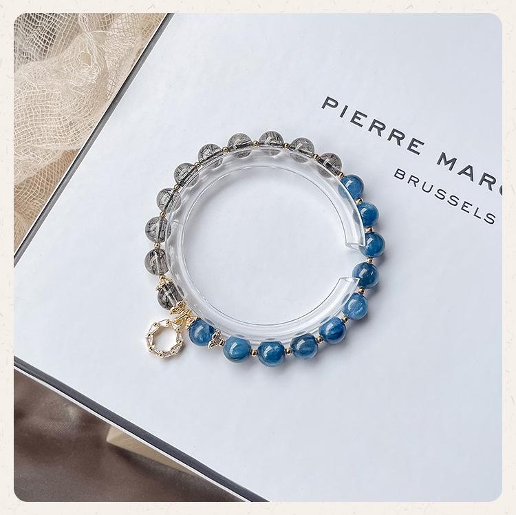 

Женский браслет из натурального черного рутилового кварца и синего кианита - Оригинальный нишевый дизайн 16cm-17cm wrist