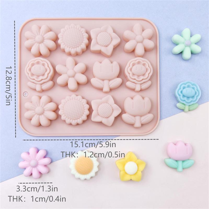 12-Cavity Silicone Mold for Flower Shapes: Sunflower & Tulip Resin Epoxy Cake Decoration Mold