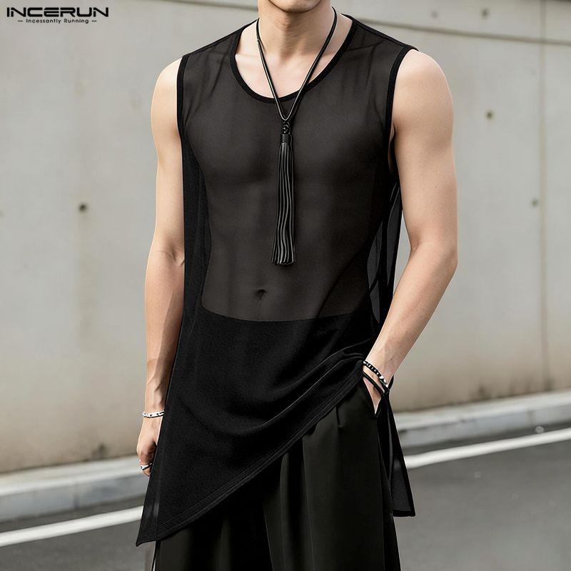 INCERUN Men O Neck Sleeveless See Through Irregular Mesh Sheer Long Tank Tops
