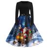 Christmas Print Flare Dress For Women Long Sleeve Dress Hollow Party Casual Dresses