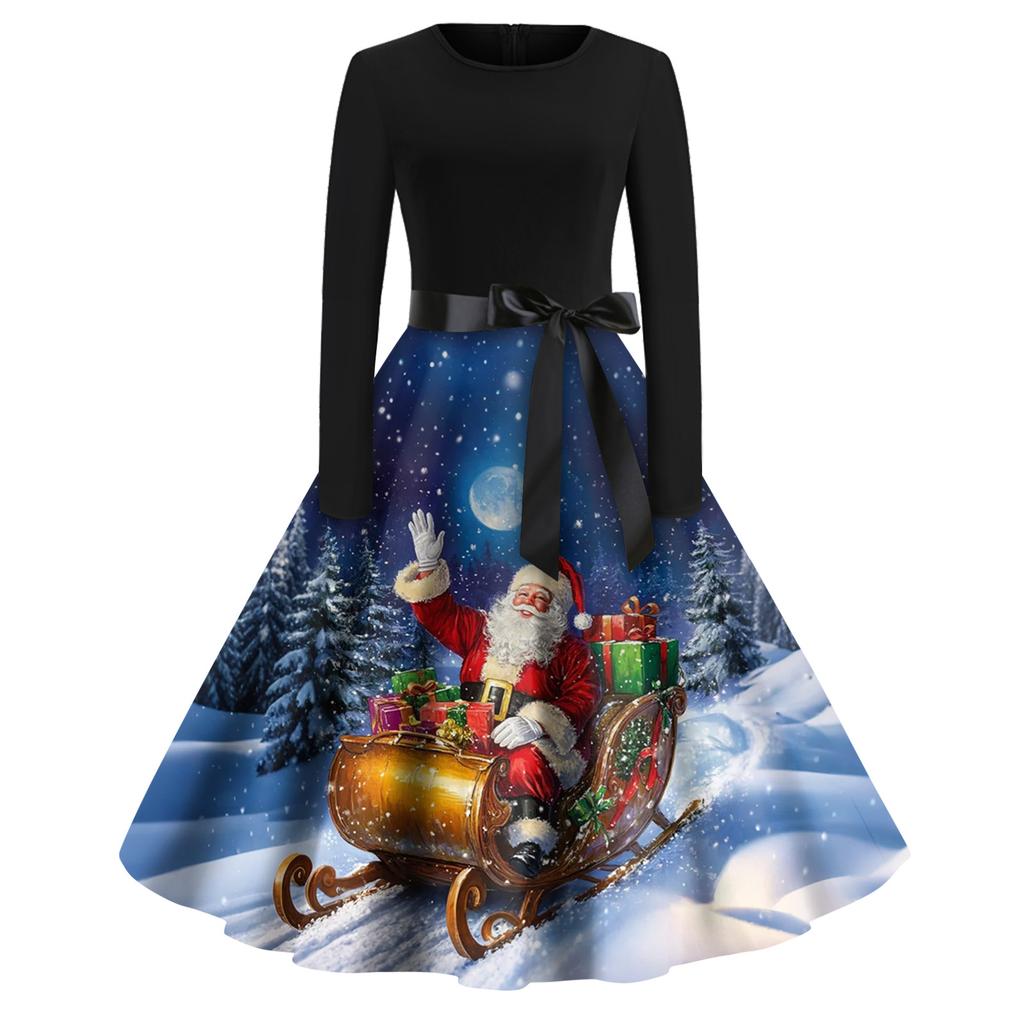 Christmas Print Flare Dress For Women Long Sleeve Dress Hollow Party Casual Dresses