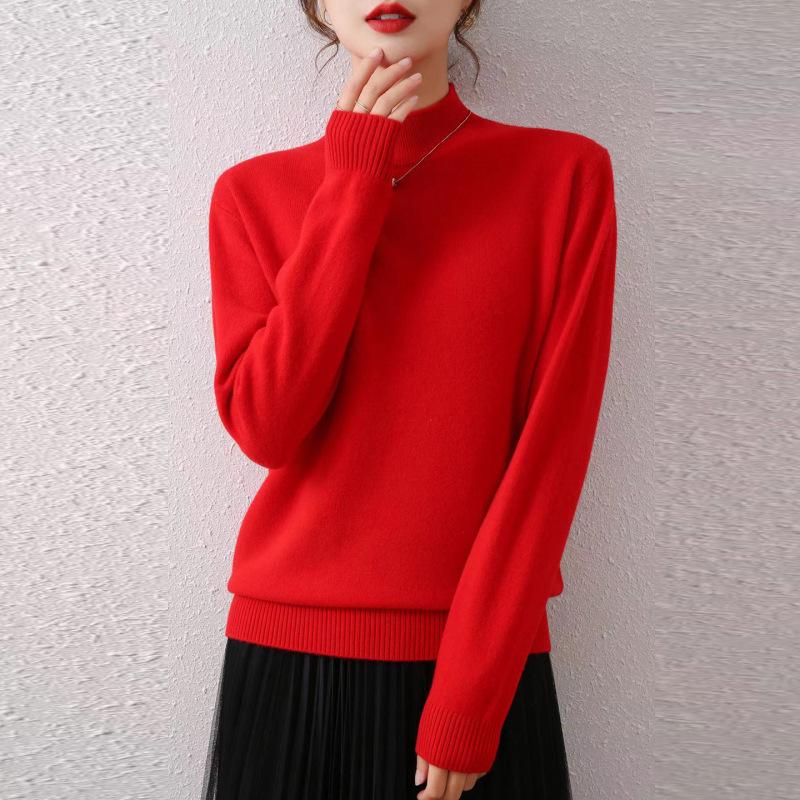 Women's Autumn/Winter Wool Sweater - Half-High Round Neck, Warm Knit Pullover, Ideal Base Layer