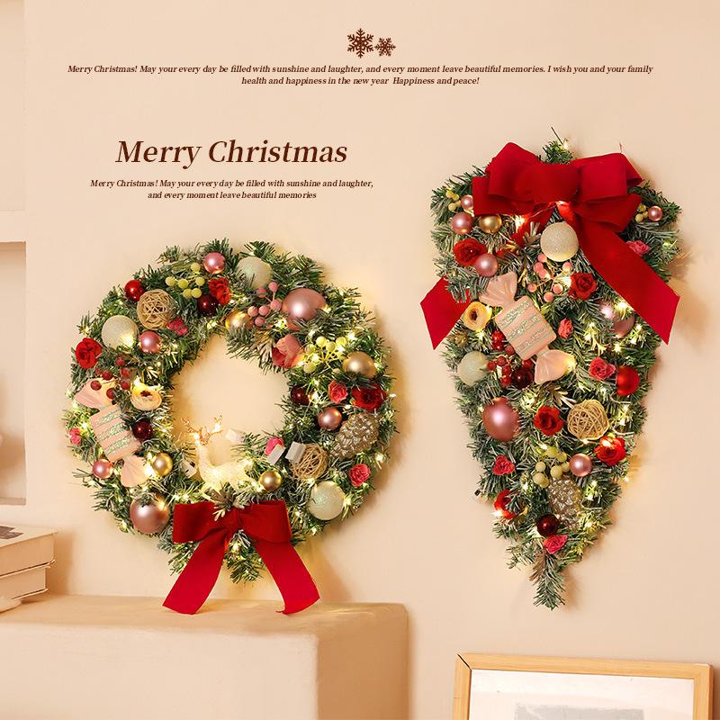 Handmade PVC Christmas Wreath Hanging Ornament Indoor Small Pine Needle Cones with Upside Rattan Bow Pendant Indoor Decorations